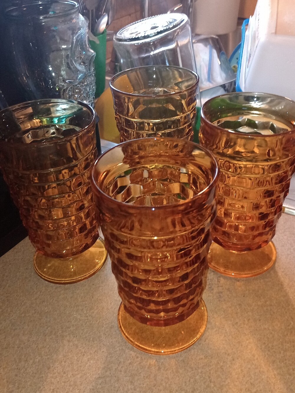 4 Vintage Indiana Glass Whitehall Amber Cubist Footed Water/Iced Tea Glasses